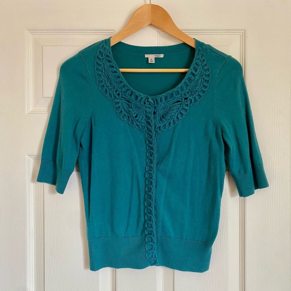 Halogen Teal Half-Sleeve Cardigan Sweater with Crochet Knit Detail